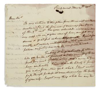 PAYING FOR DEBTS OF SON DISMISSED FROM HARVARD (SUPREME COURT.) JOHN MARSHALL. Autograph Letter Signed, J.Ma...